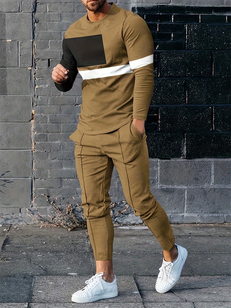 Geswet 2025 New Spring And Autumn Men's Long Sleeve T-shirt And Long Pants Set Daily Street Men's Fashion Long Sleeve T-shirt