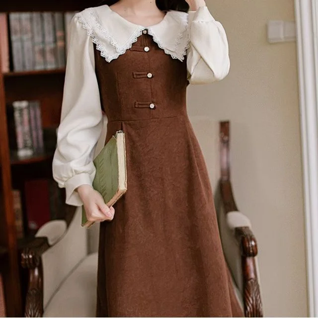 Long-Sleeve Lace Trim Double Collar Two-Tone Dress WE35