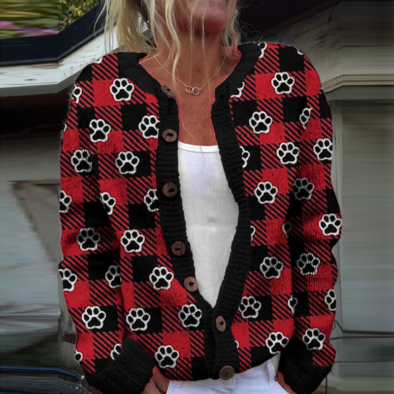 Comstylish Plaid Dog Paw Print Casual Knitted Cardigan