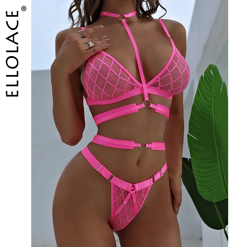 Billionm Women's Lingerie Free Shipping Neon Pink Underwear Set See Through Chic Sexy Plaids Luxury Halter Garters Outfits