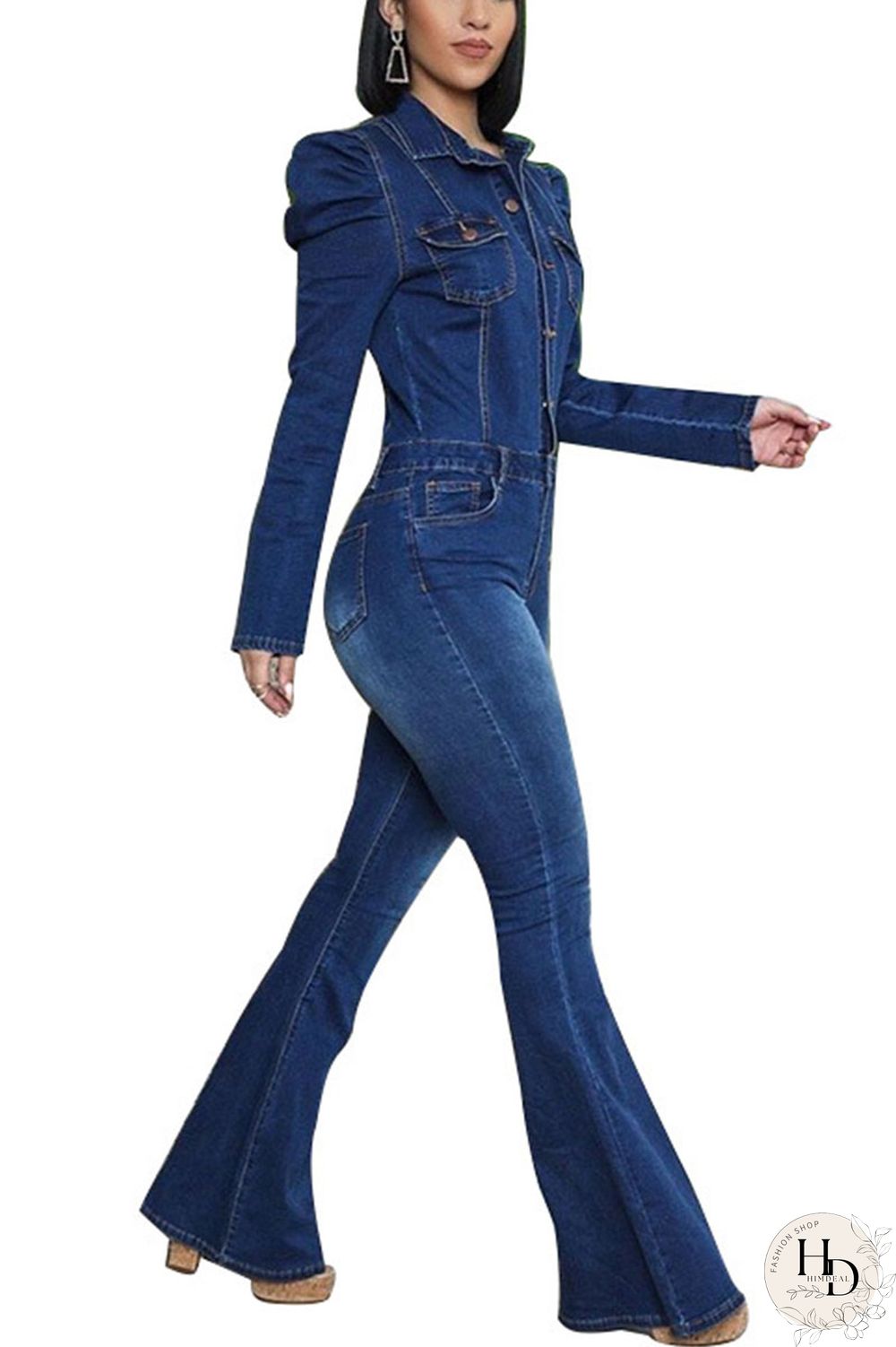 Dark Blue Sexy Denim Solid Buttons Turndown Collar Plus Size