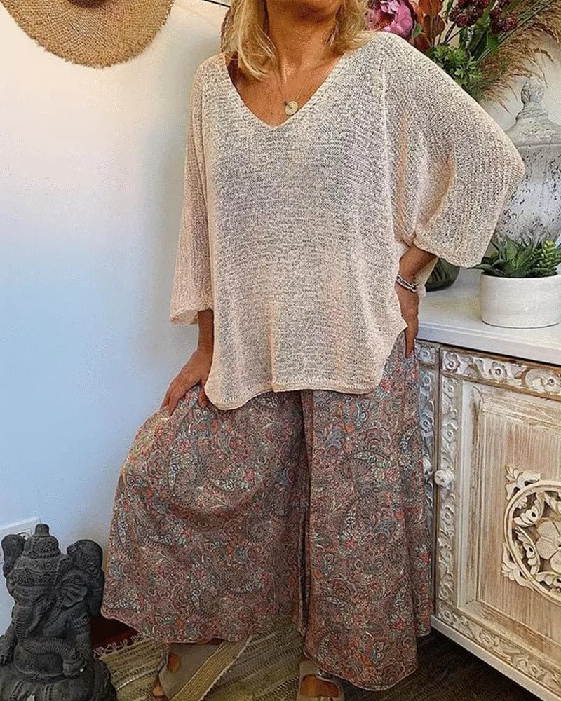 Graphic Print Loose Trousers Solid Color Bat Sleeve Top Suit