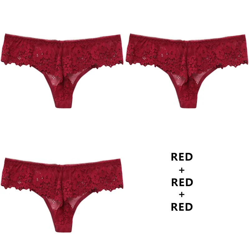 Meet'r 3Pcs/Lot Women Sexy Lace Lingerie Temptation Low-Waist Panties Embroidery Underwear Female Thong Transparent G String