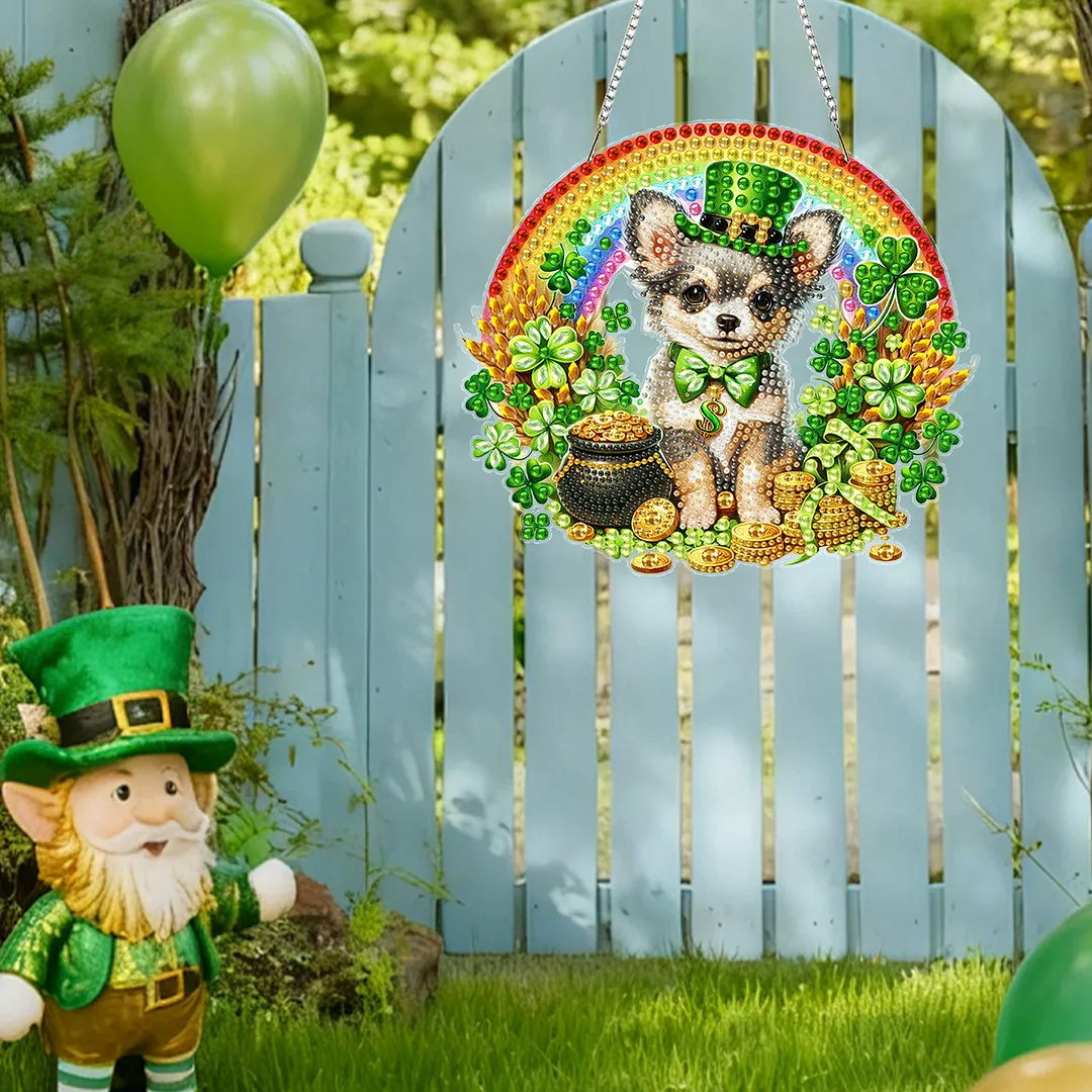 St Patricks Day Dog DIY 2D Flat Acrylic Diamond Painting Kits 5D Diamond Art Painting Window Pendants for Home Garden Wall Decoration