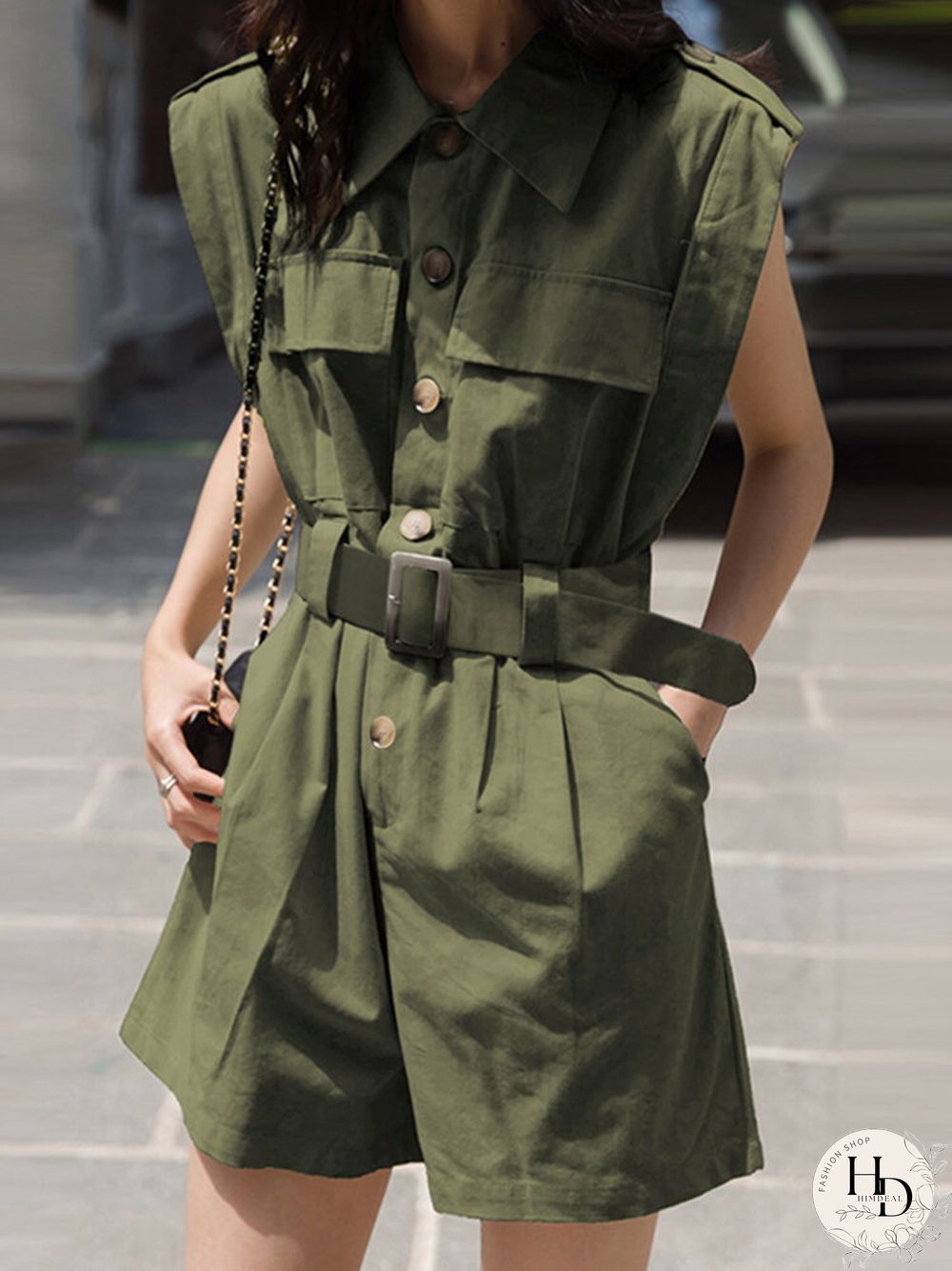 Solid Belt Pocket Button Lapel Short Sleeve Cargo Romper