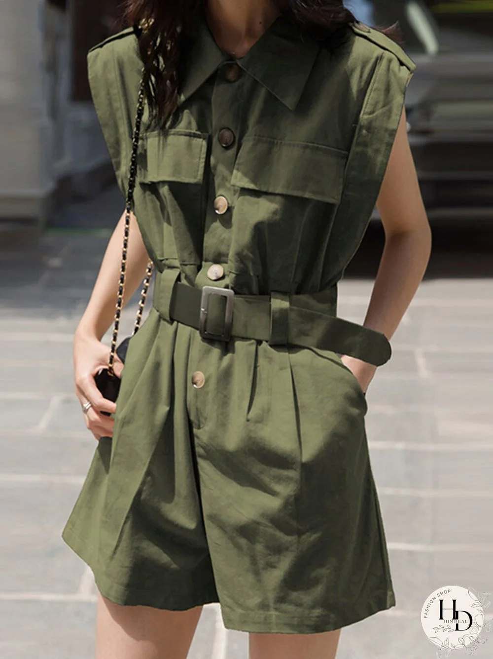 Solid Belt Pocket Button Lapel Short Sleeve Cargo Romper