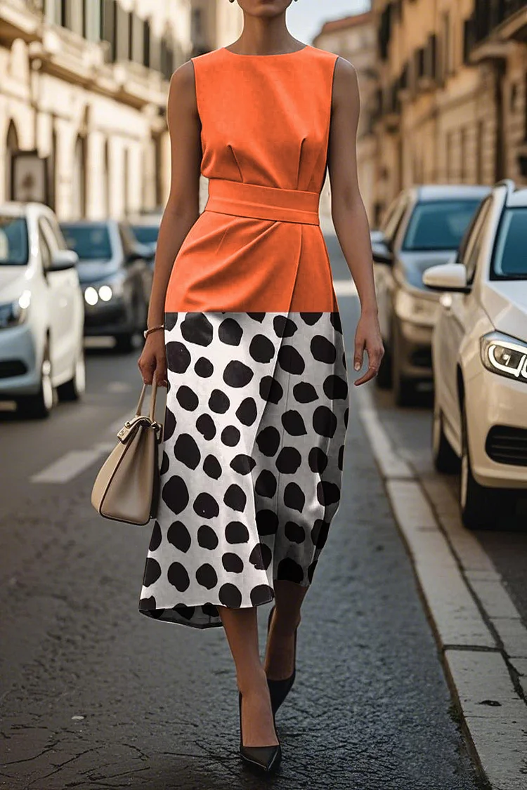 Women's Elegant Abstract Geometric Print Sleeveless Midi Dress