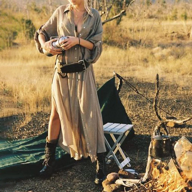 Solid Color Long Sleeve Boho Maxi Dress