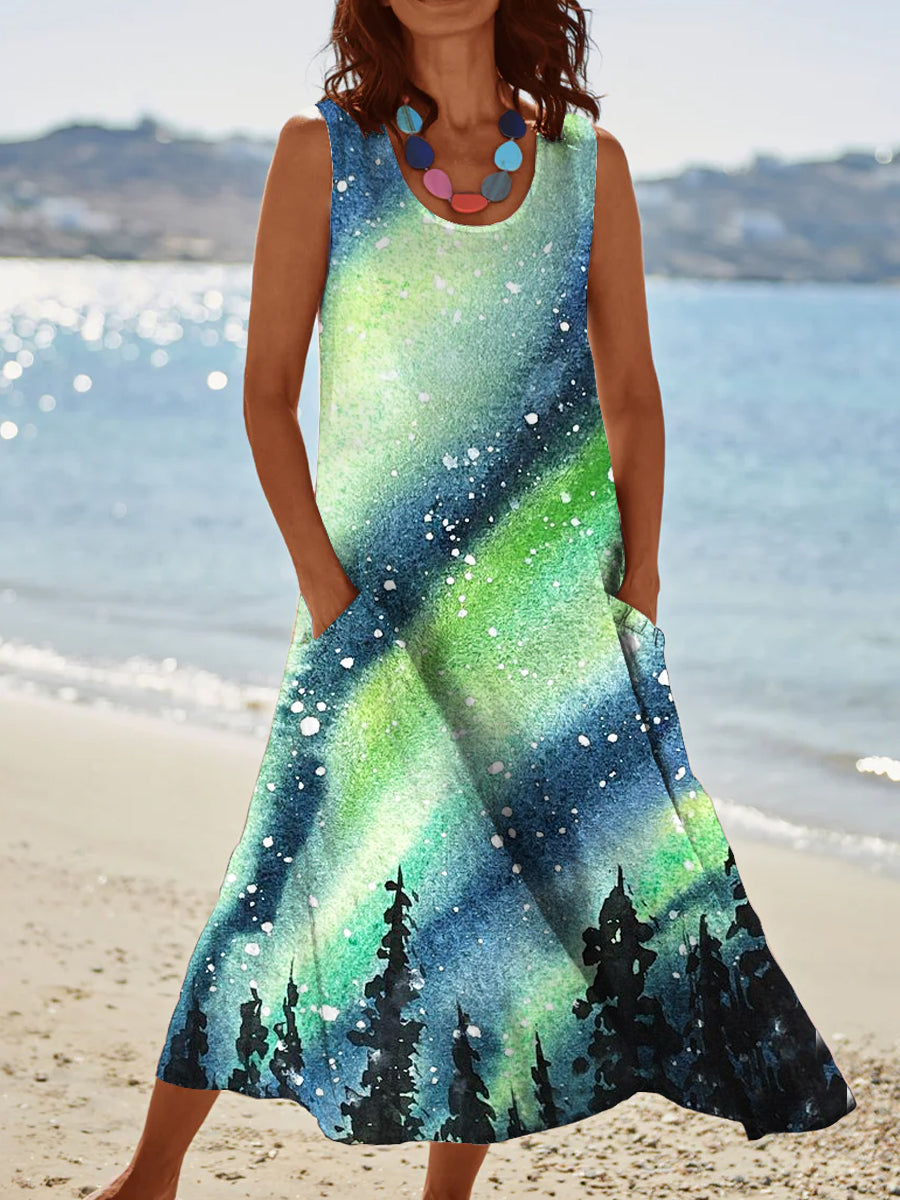 Women's Vintage Watercolor Aurora Pattern Round Neck Dress