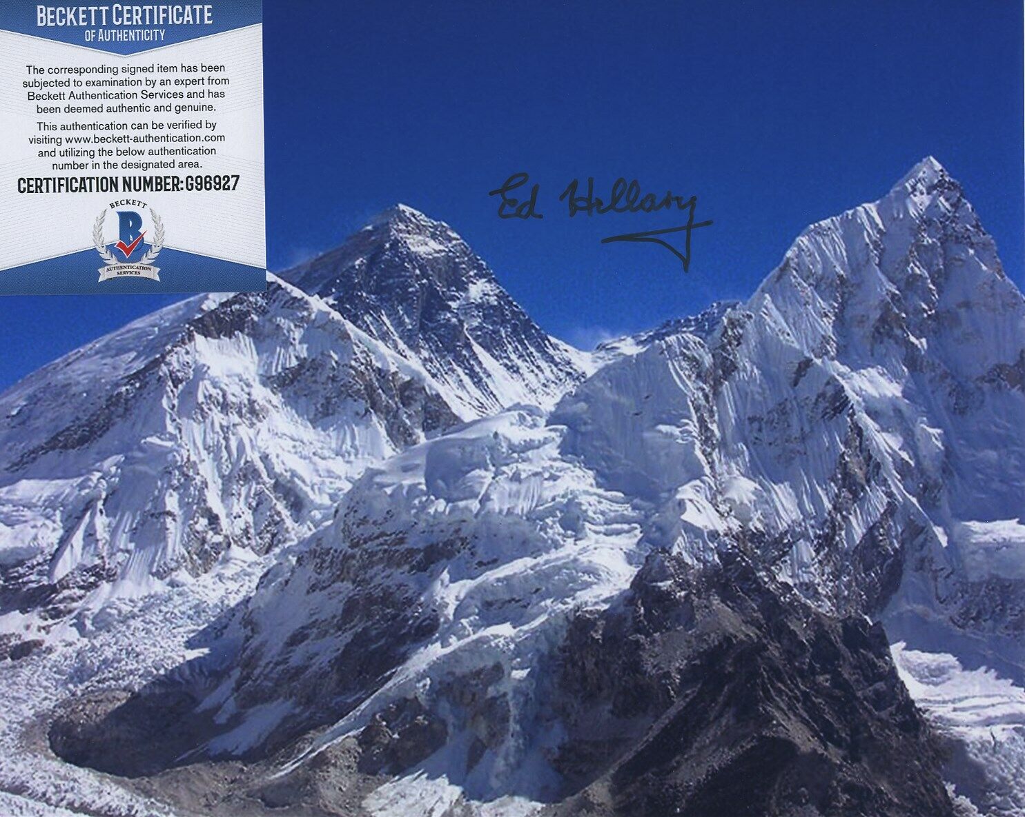 EDMUND HILLARY SIGNED AUTOGRAPHED COLOR MT. EVEREST Photo Poster painting BAS BECKETT COA