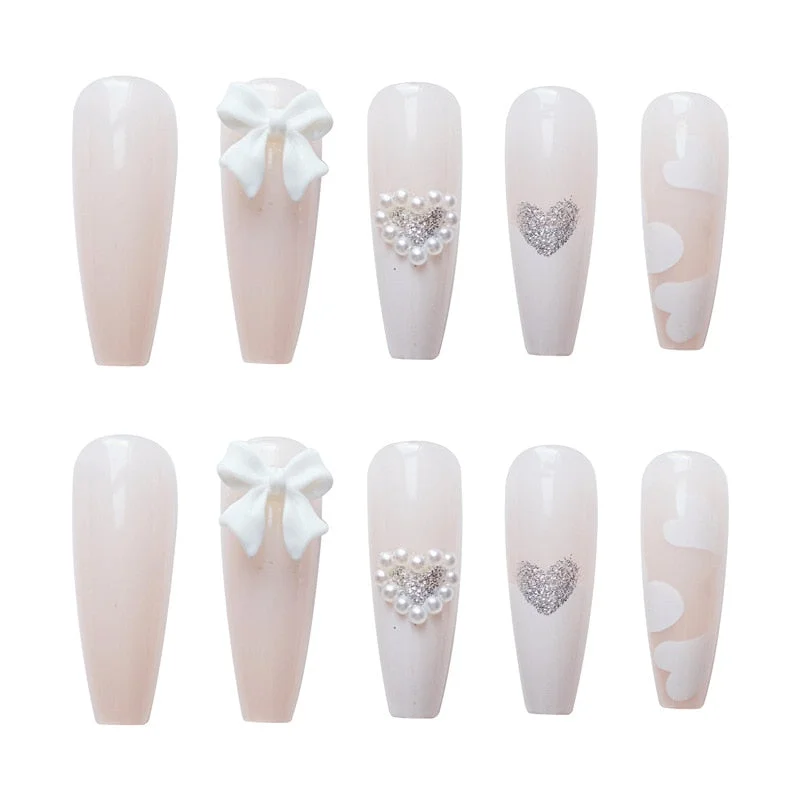 24pcs/Set Long Coffin Fake Nails Pearl Heart Pattern White French False Nails Acrylic Bride Ballerina Nail Decoration Art Tips-Nail Inspo