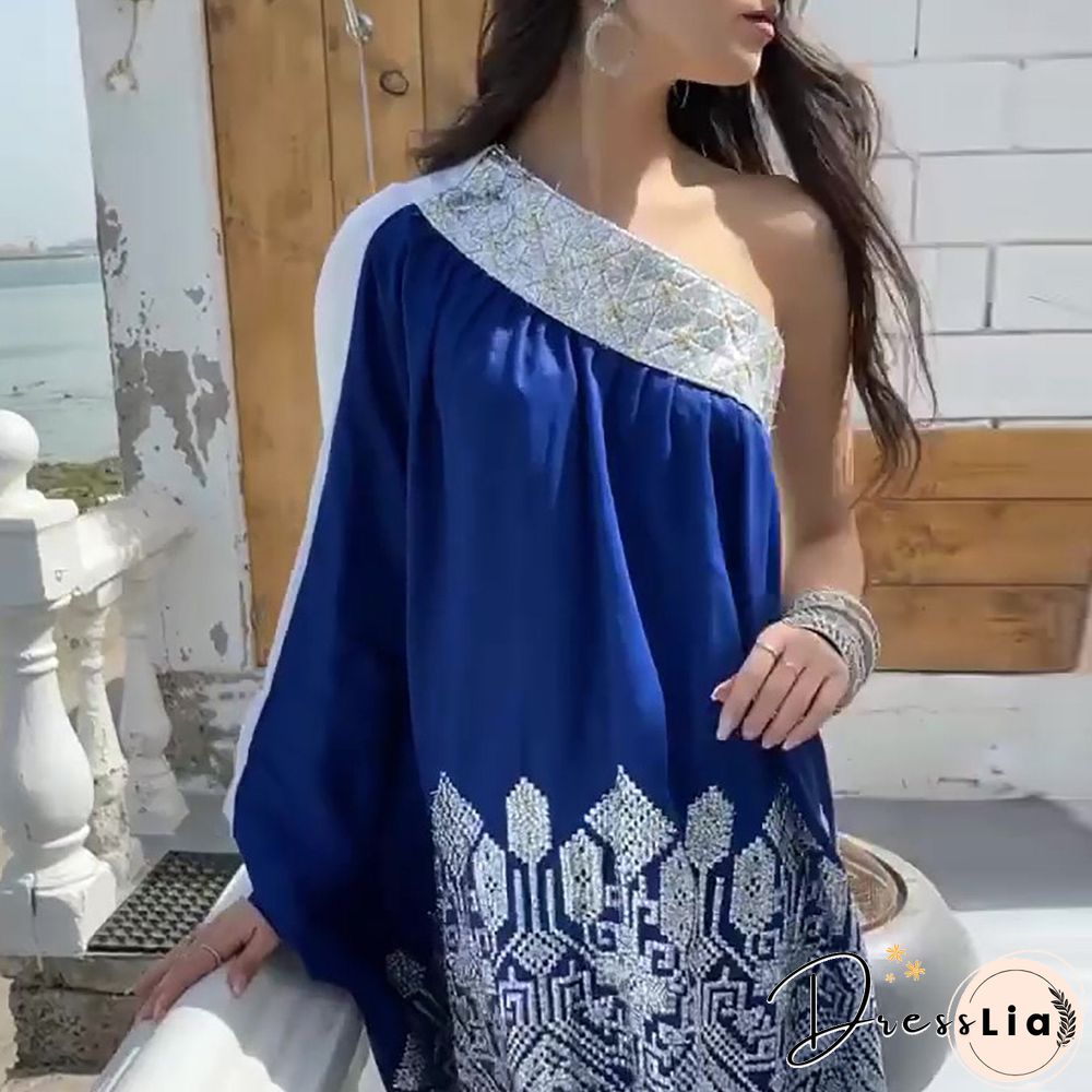 One Shoulder Blue&White Joint Dress