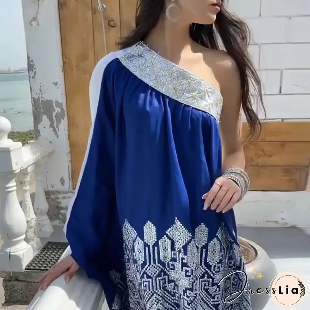 One Shoulder Blue&White Joint Dress