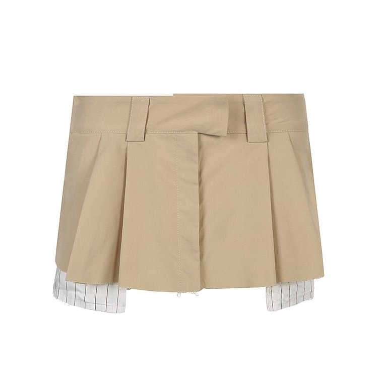 Sweetown Khaki Low Waist Casual Micro Skirt Y2K Aesthetic Preppy Style Pleated Skirts Womens Vintage Patchwork Korean Skirt Mini