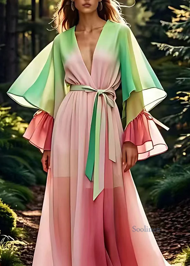 Pre sale - shipping in 30 days/Loose Pink Drawstring Silk Maxi Dresses Flare Sleeve
