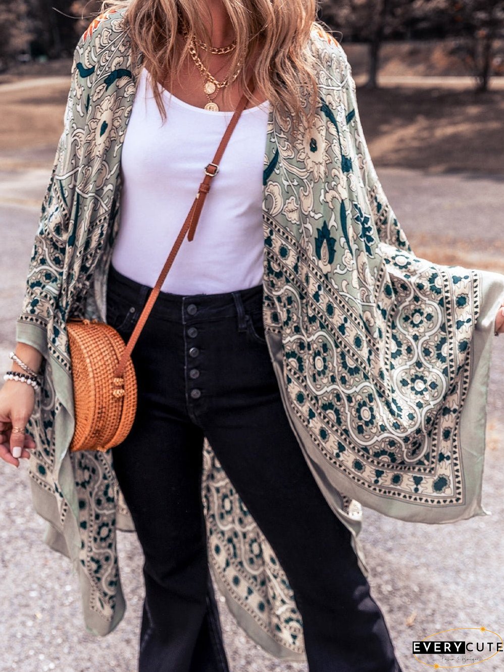 Vintage Green Floral Print Long Kimono with Split Front