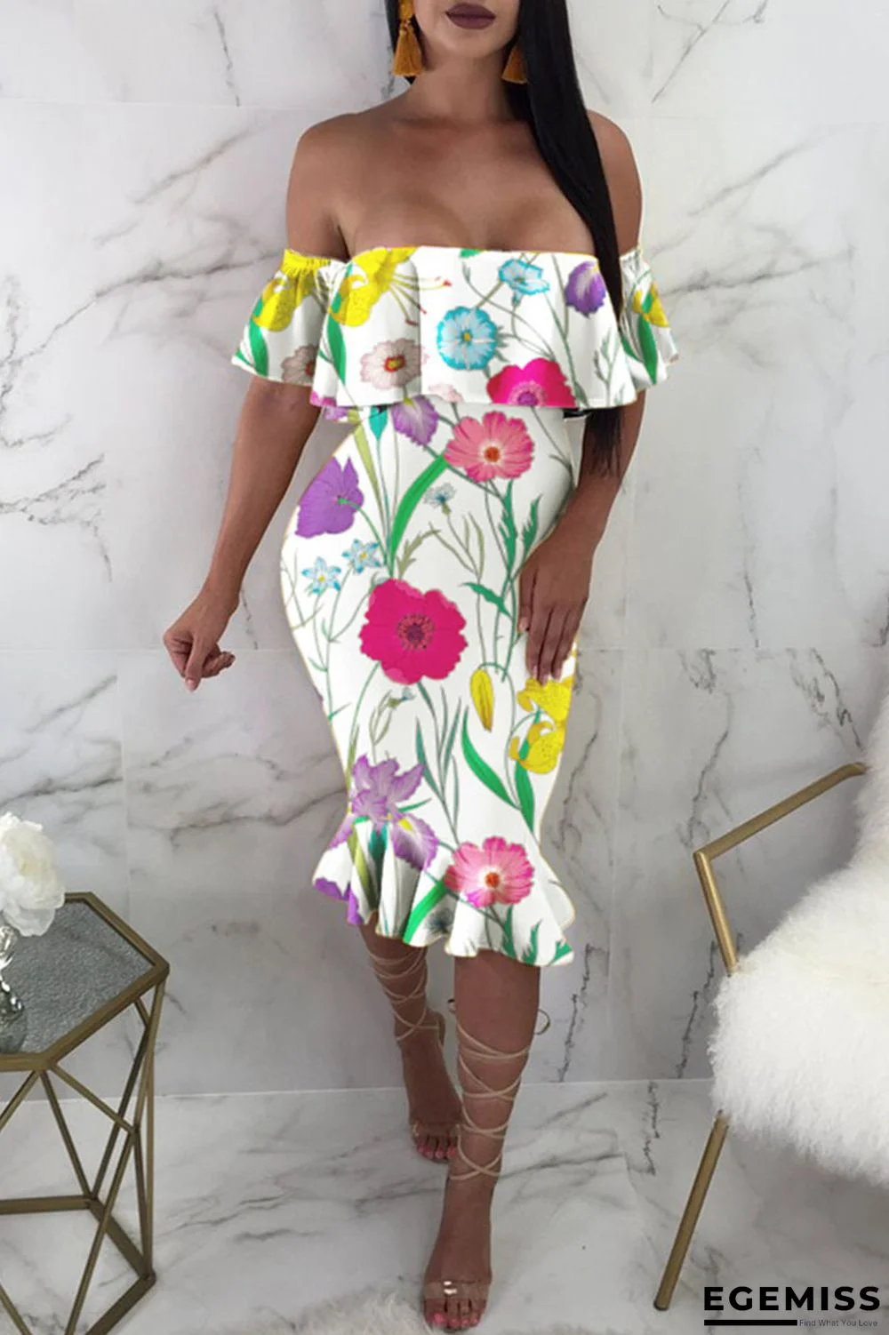 Multi-color Sexy Print Backless Off the Shoulder Short Sleeve Dress | EGEMISS