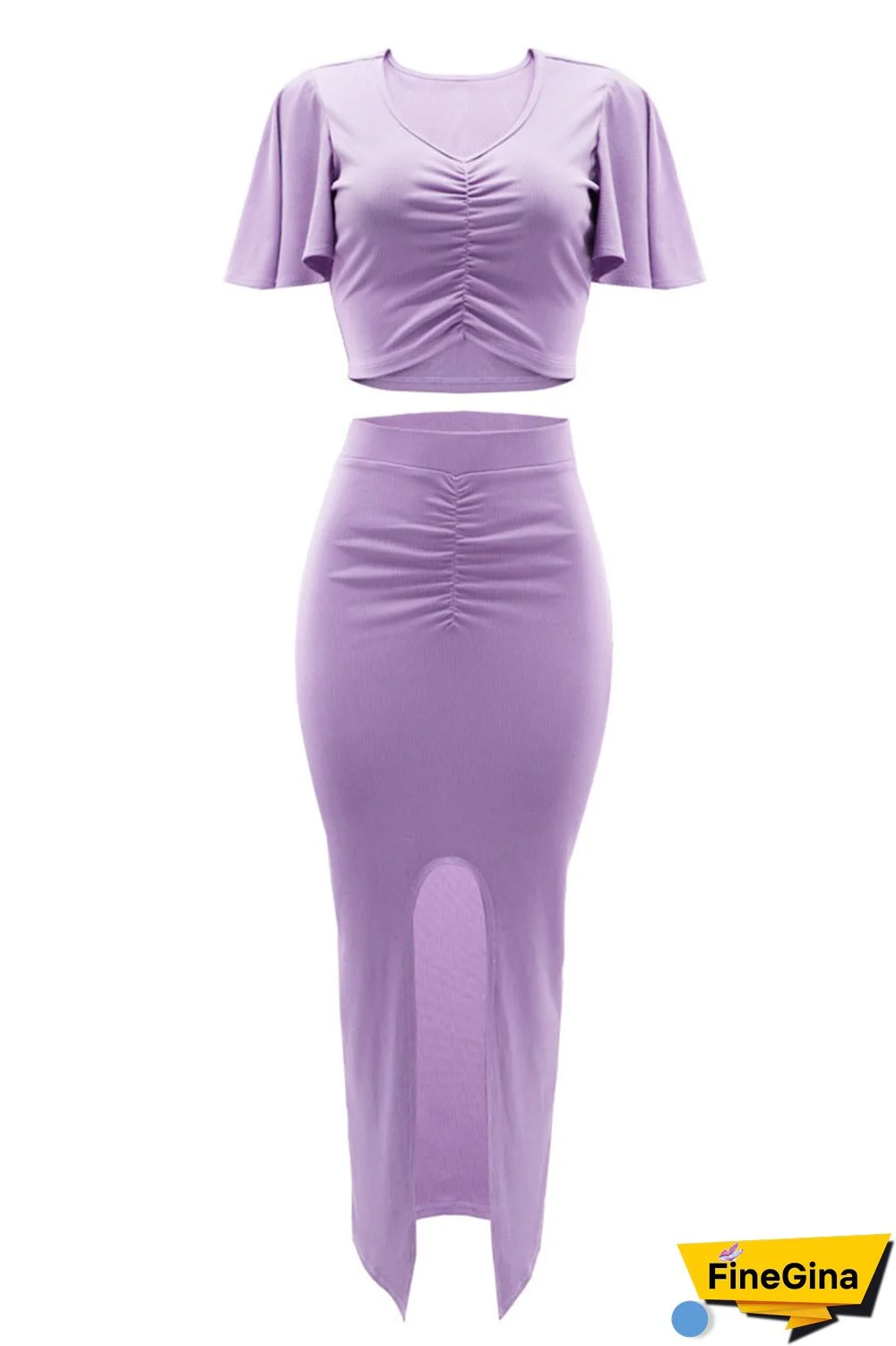 Blue Elegant Solid Patchwork Fold V Neck Short Sleeve Two Pieces