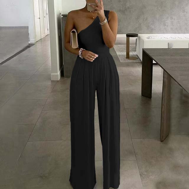 Daisda Stunning White One Shoulder Sleeveless High Waist Long Jumpsuit with Pleated