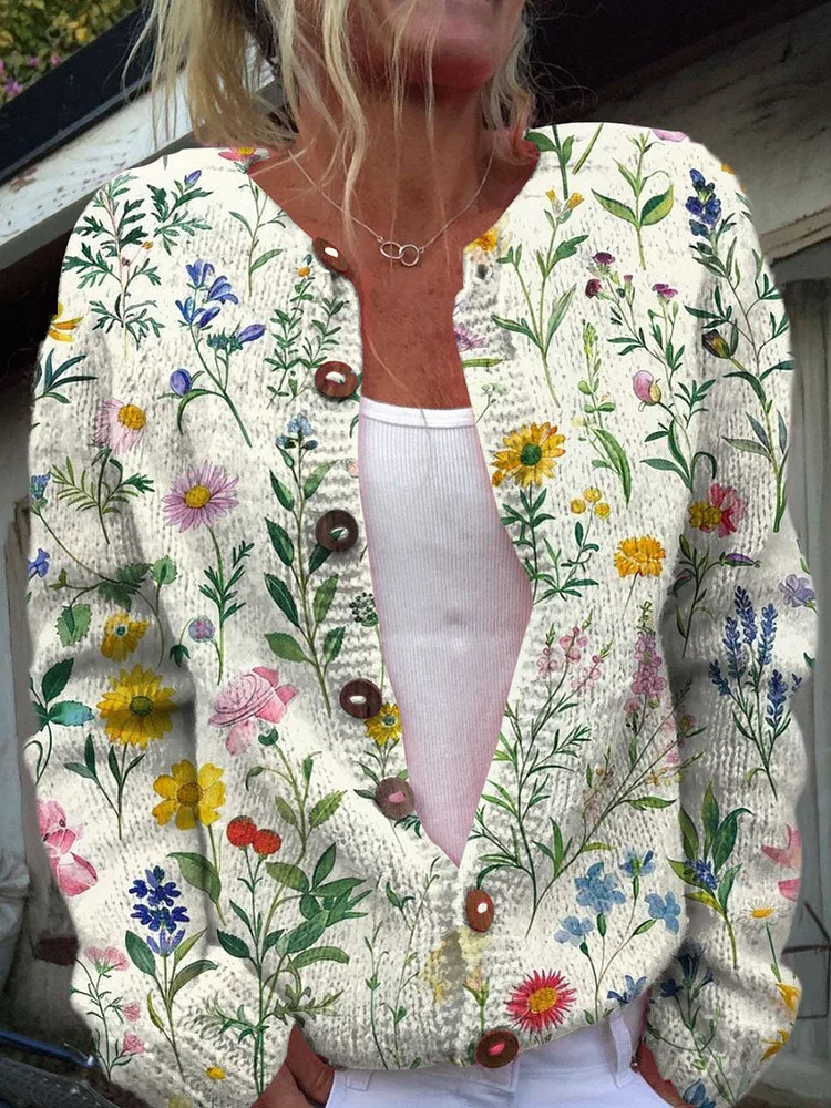 Women's Vintage Lovely Floral Art Print Buttoned Cardigan Sweater