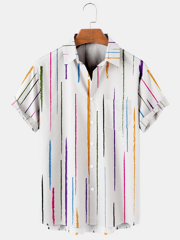 Men's Line Print Casual Fabric Fashion Hawaiian Lapel Short Sleeve Shirt