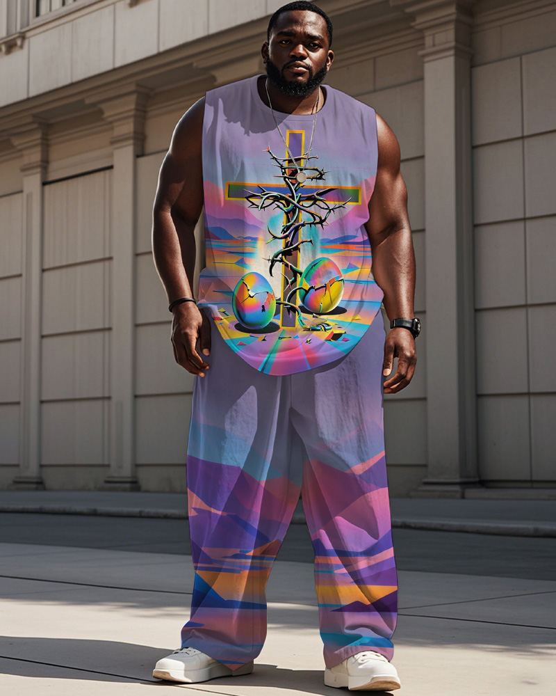 Men's Plus Size Easter Egg Cross Vine Print Tank Trousers Suit