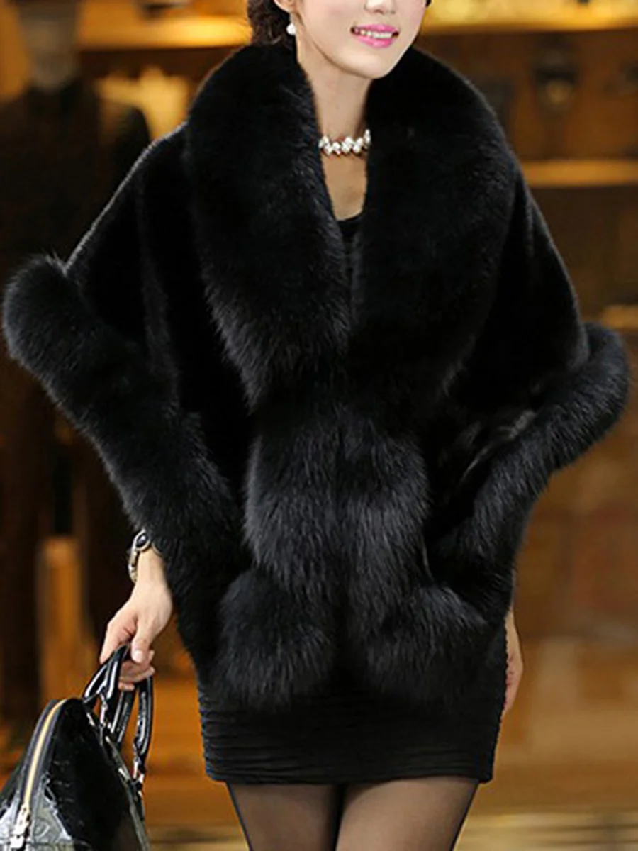 Luxury Faux Fur Collar Cape Sleeve Coat - SissiStyles.com