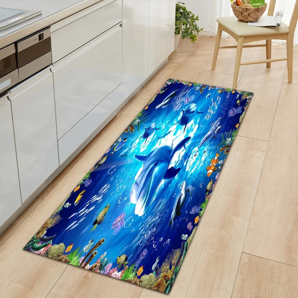 3D Underwater World Kitchen Mat  Entrance Doormat Bedroom Floor Decoration Living Room Carpet Bathroom Non-Slip Rug Long Strip