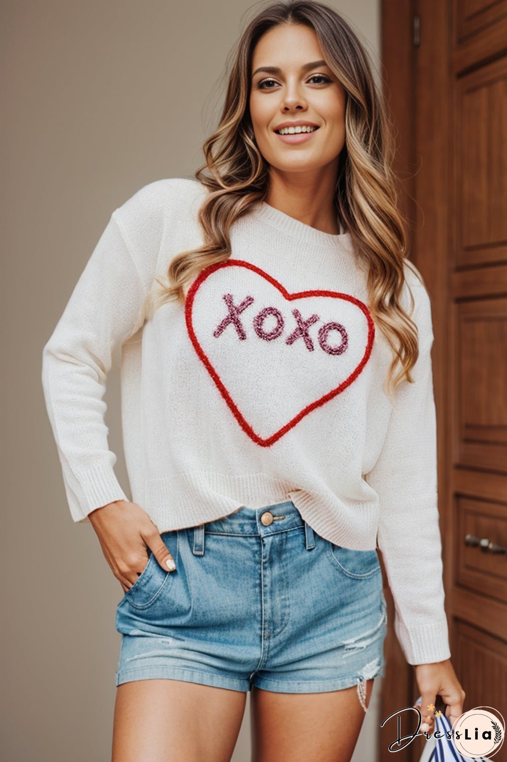 XOXO Round Neck Drop Shoulder Sweater