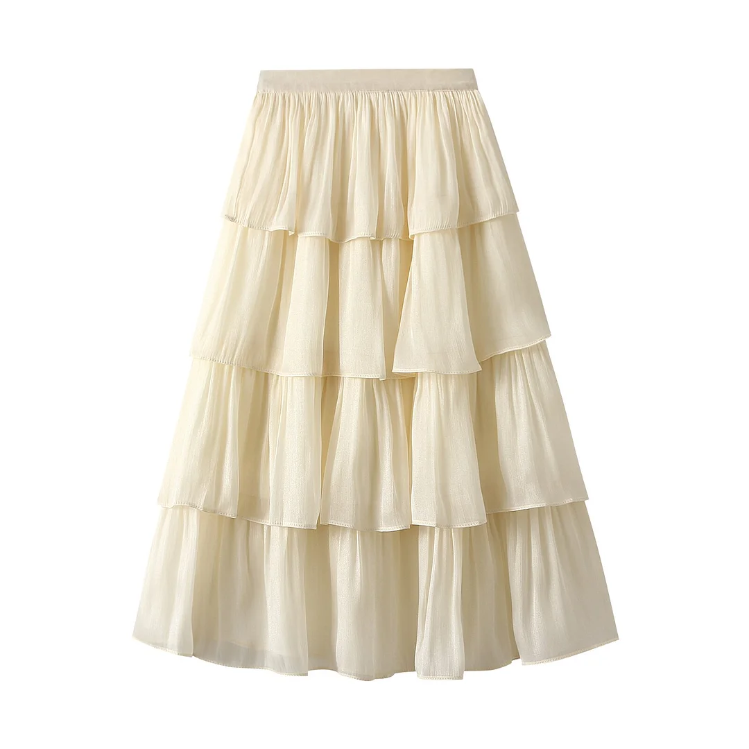 Women Long Skirt, High Street Draped Flowy Skirt Elegant 4-layer A-line Solid Flowy Summer Ladies Skirt for Casual Daily