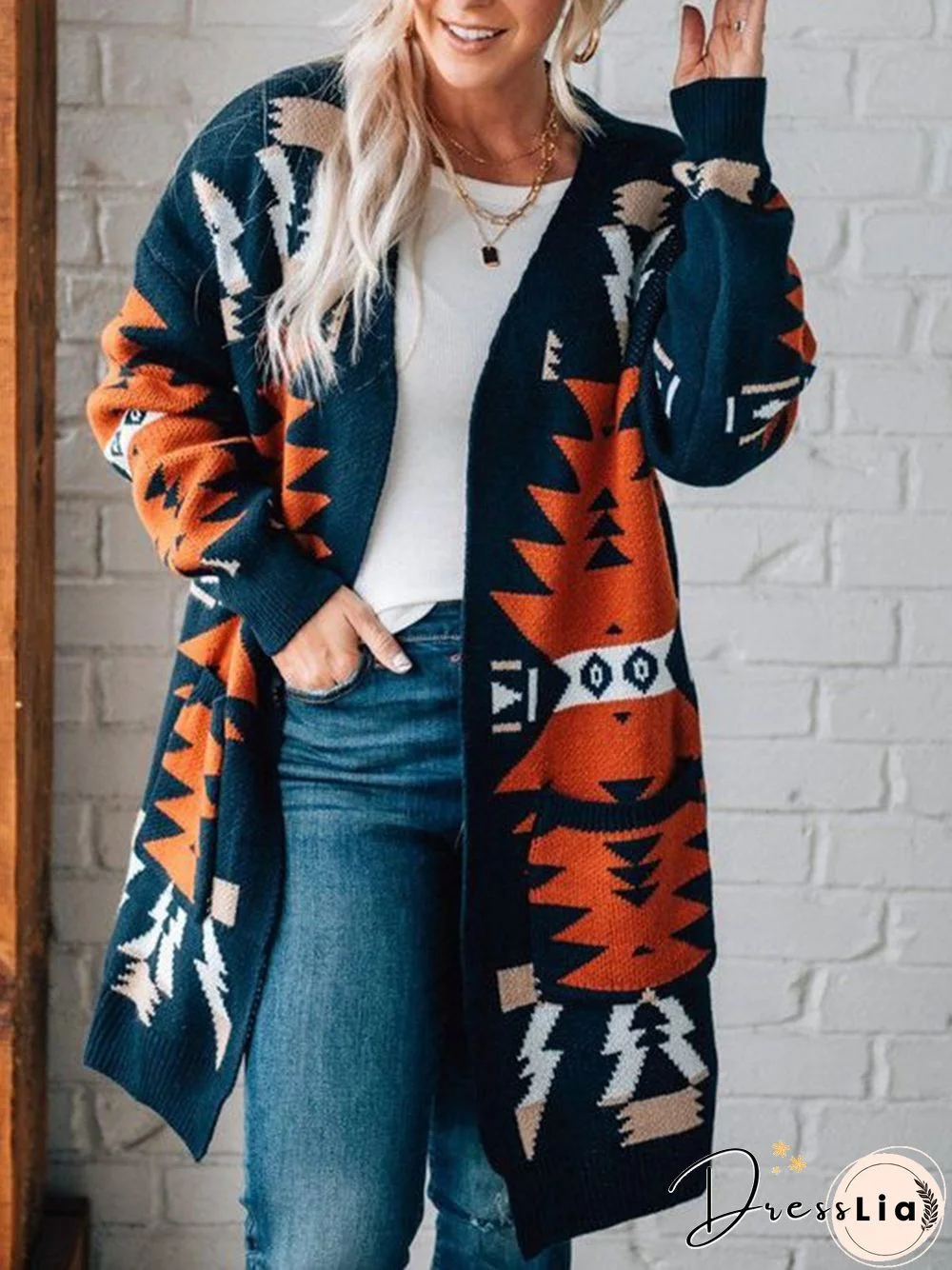 Women Geometric Casual Autumn Micro-Elasticity Loose Best Sell Wool/Knitting H-Line Regular Sweater coat