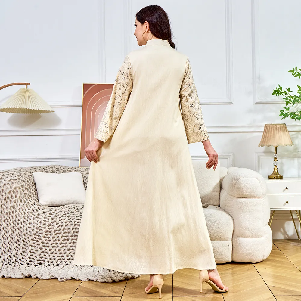 Women Stand Collar Geometric Sequin Embroidered Flare Sleeve Modest Maxi Dress