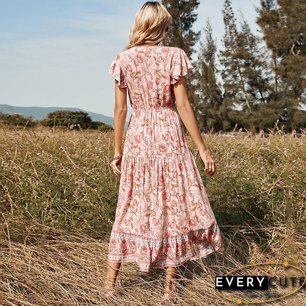 Lotus Leaf Short Sleeve Round Neck Strap Ladies Dress