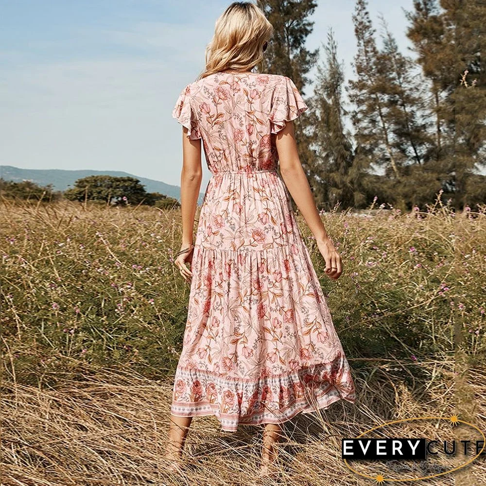 Lotus Leaf Short Sleeve Round Neck Strap Ladies Dress