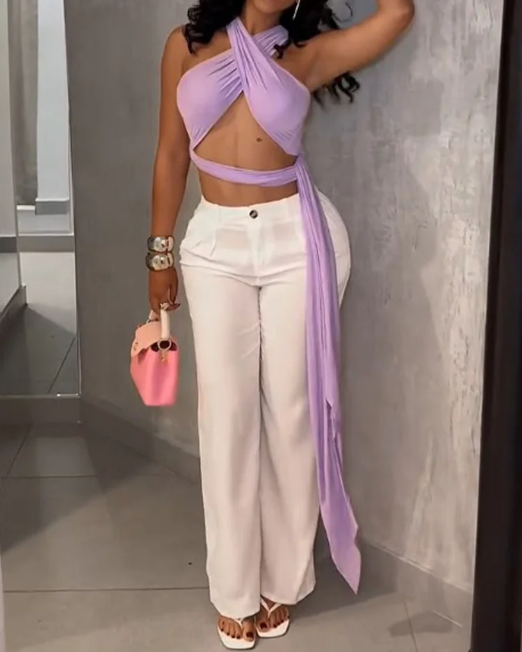 Sleeveless tie solid color two piece suit