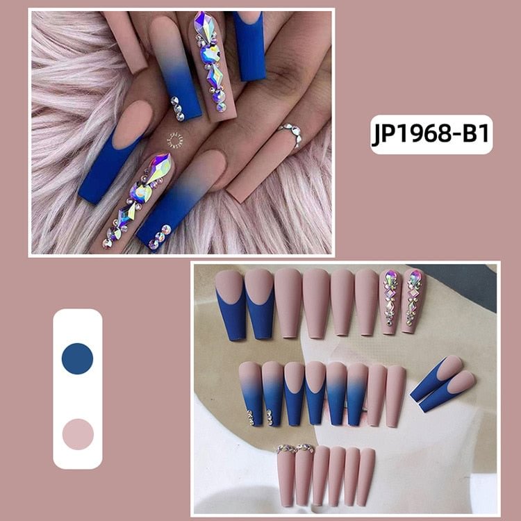 Nail Art Rhinestones Matte Blue Gradient French Fake Nails With Glue Marble Design UV White Press On Nails Tools For Manicure