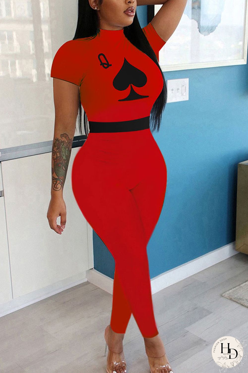 Red Fashion Sexy Print Polyester Short Sleeve O Neck Jumpsuits