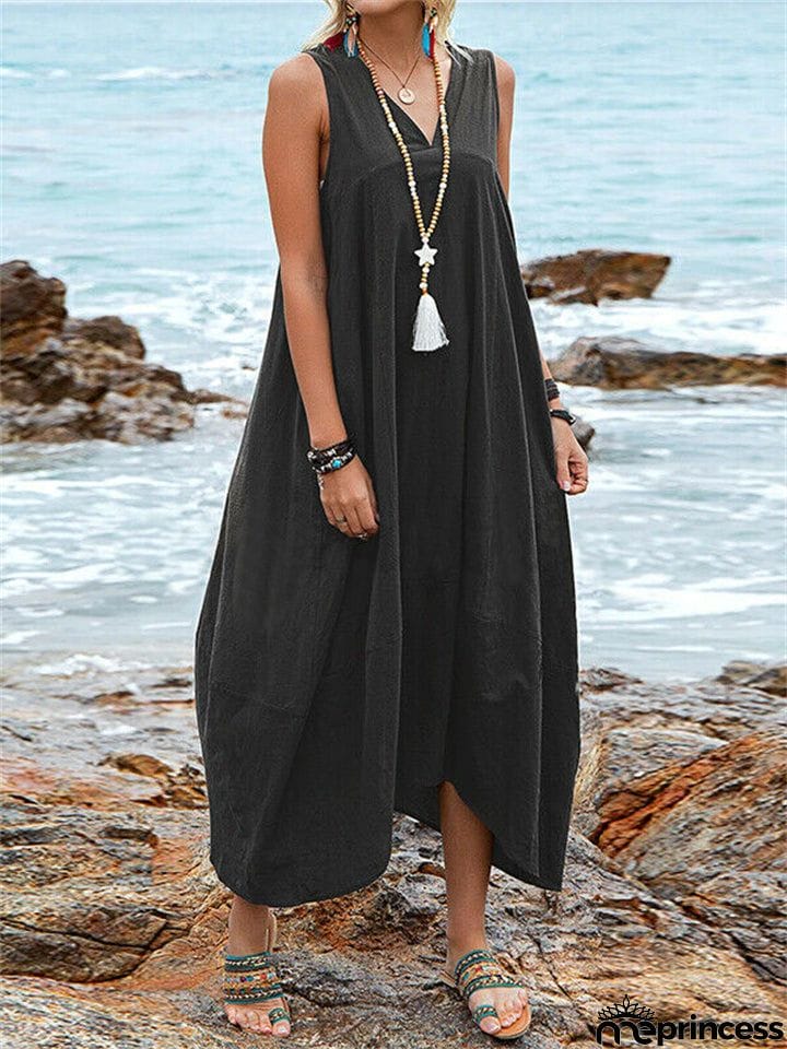 Women's Deep V Neck Pocket Backless Lace Up Loose Beach Dress