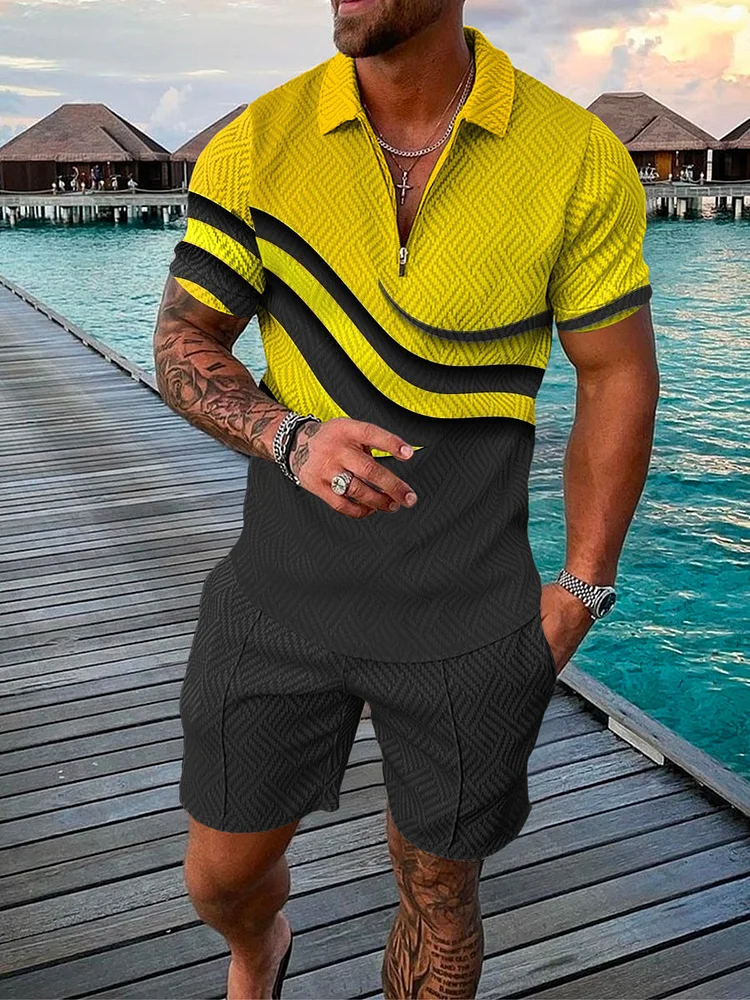 Men's Fashion Printed  Zip Polo Shirt and Shorts Two-Piece Suits
