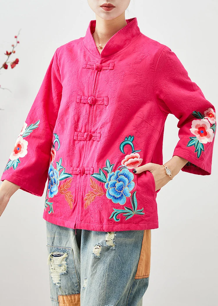 Women Rose Embroideried Jacquard Chinese Button Cotton Jackets Fall