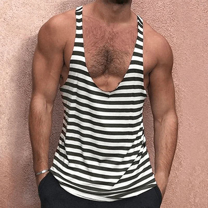 Men's Solid Color Deep V Neck Tank Top Casual Breathable Sweat Wicking Striped T-Shirt、、URBENIE