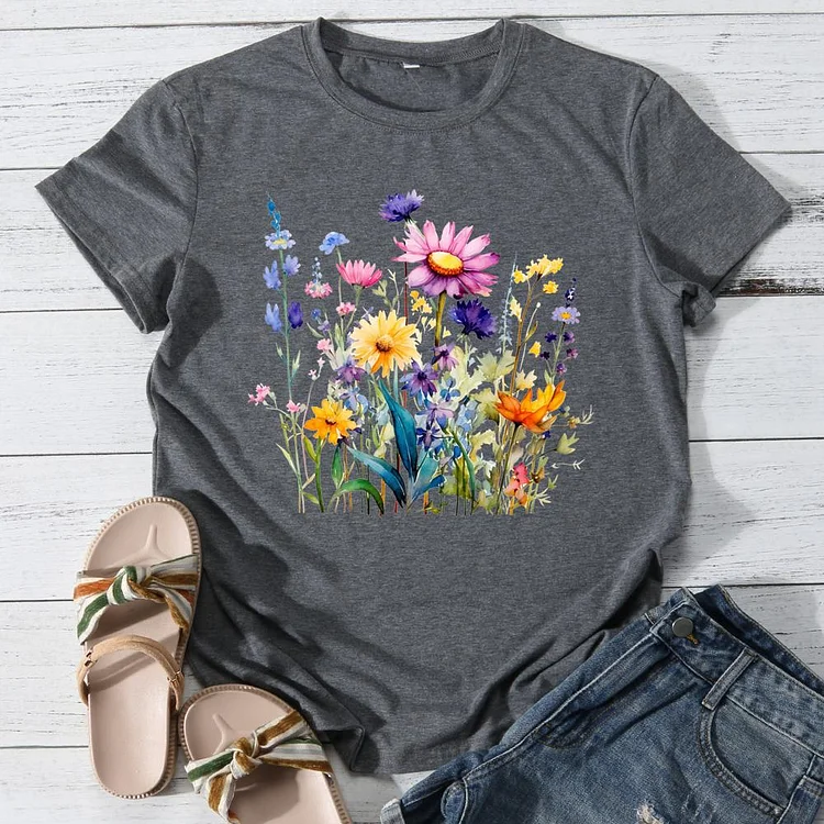 Bright flowers Round Neck T-shirt-0025906