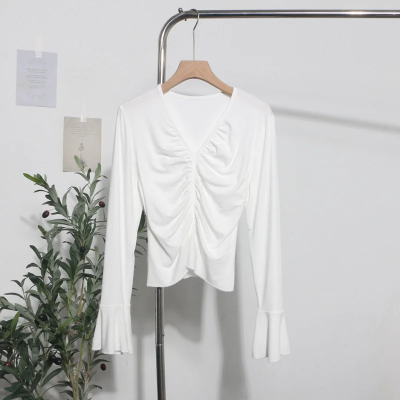 Uveng Real Shooting 2024 Autumn Dress Sexy V-Neck Folded Open Fork Short High-Waisted T-Shirt Horn Long Sleeve Bottom Top 161