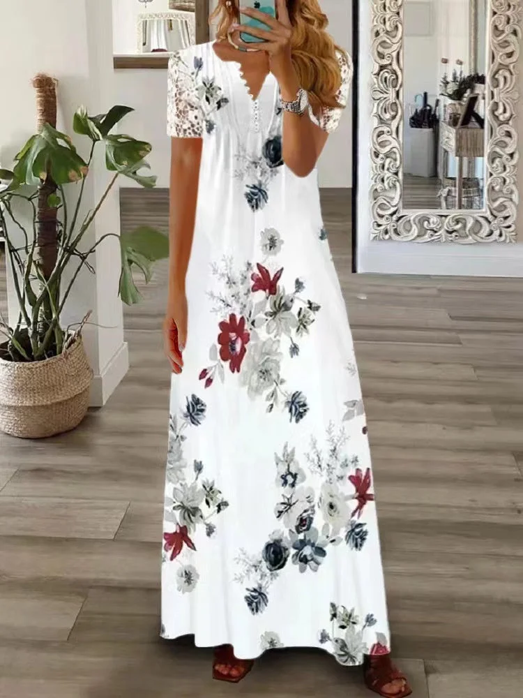 Women's Summer Short Sleeve V-neck Lace Flower Print Fashion Casual Dress