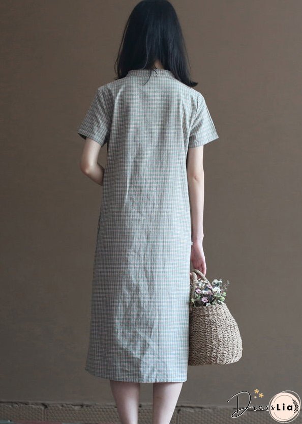 Retro Light Green Stand Collar Plaid Cotton Cheongsam Dress Short Sleeve