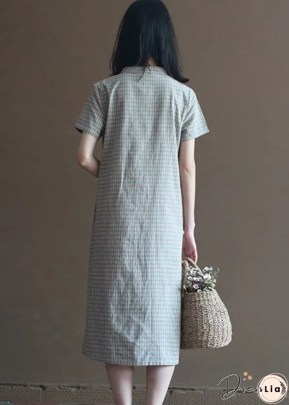 Retro Light Green Stand Collar Plaid Cotton Cheongsam Dress Short Sleeve