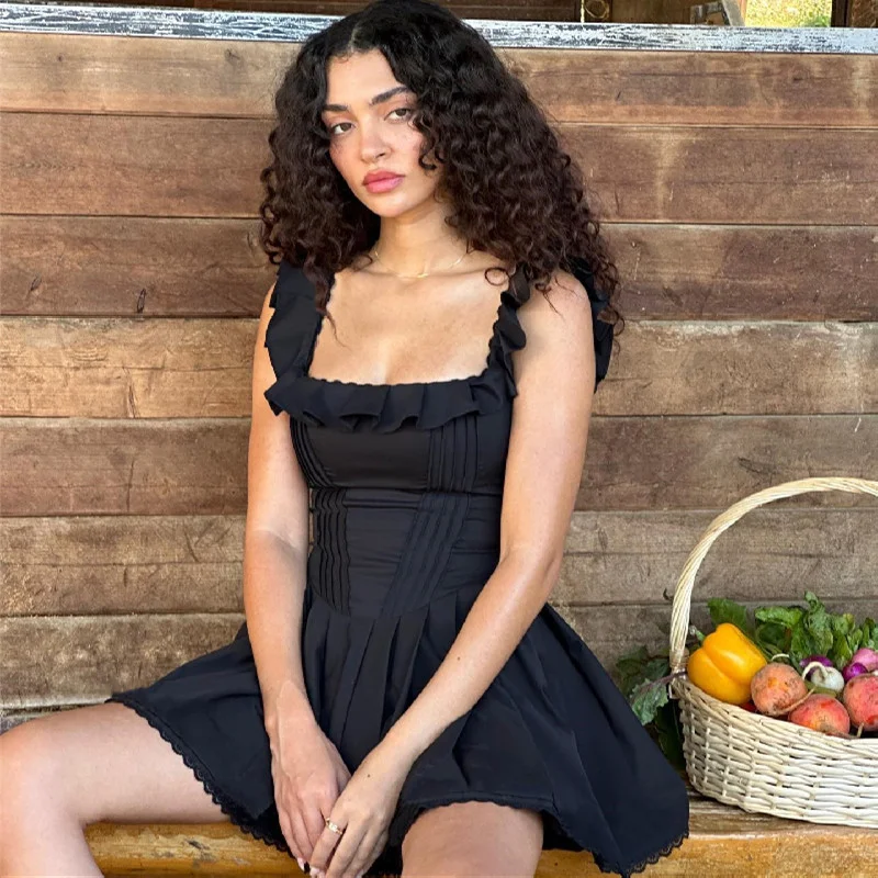 Uveng Uveng Summer New French Temperament Square Collar Wood Ear Fish Bone Harness Dress Female