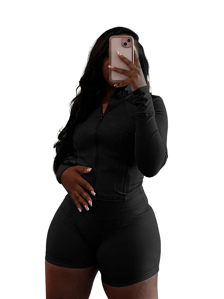 PASUXI Women's Sexy Athleisure Two-Piece Set Tight Long-Sleeve Top Shorts Gym to Street Coordinates huanwei