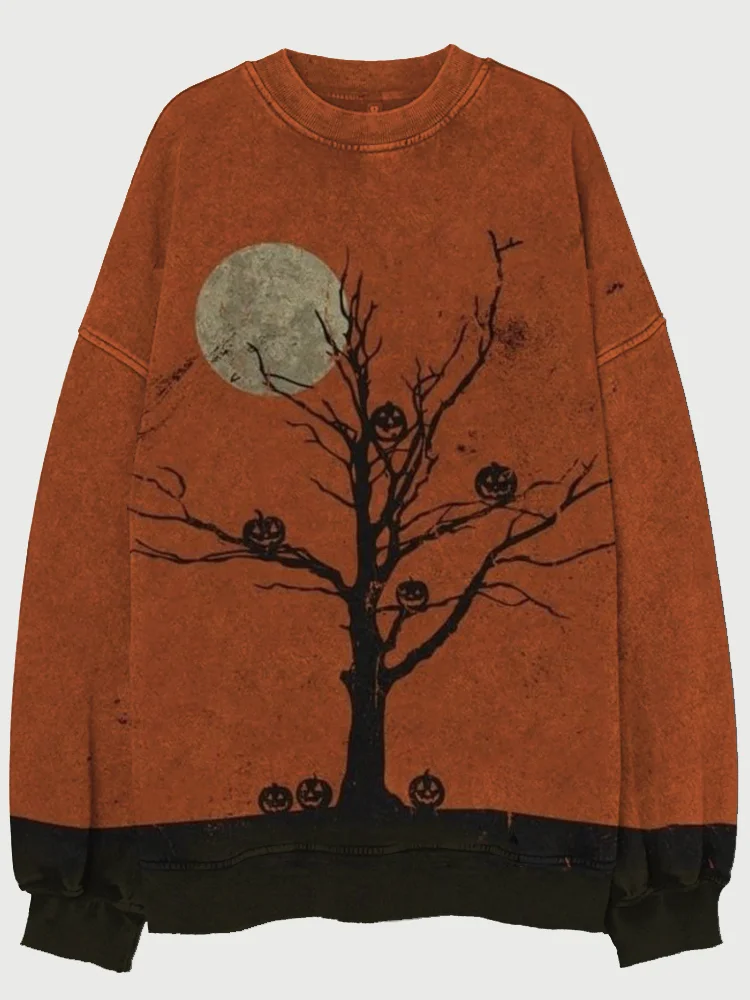 Broswear The Halloween Pumpkins Tree Art Washed Sweatshirt