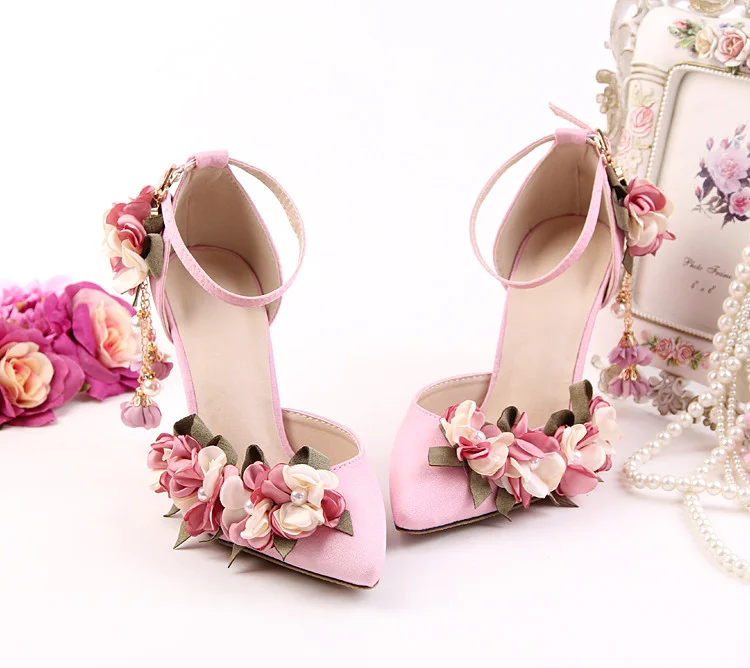 Pink Ankle Strap Floral Closed Toe Wedding Heels Vdcoo